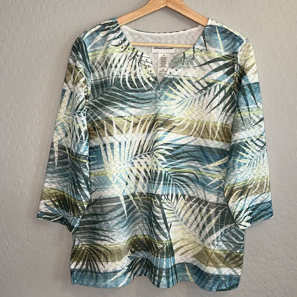 Alfred Dunner Cream Blue Green Chesapeake Bay 3/4 Sleeve Blouse Size Medium